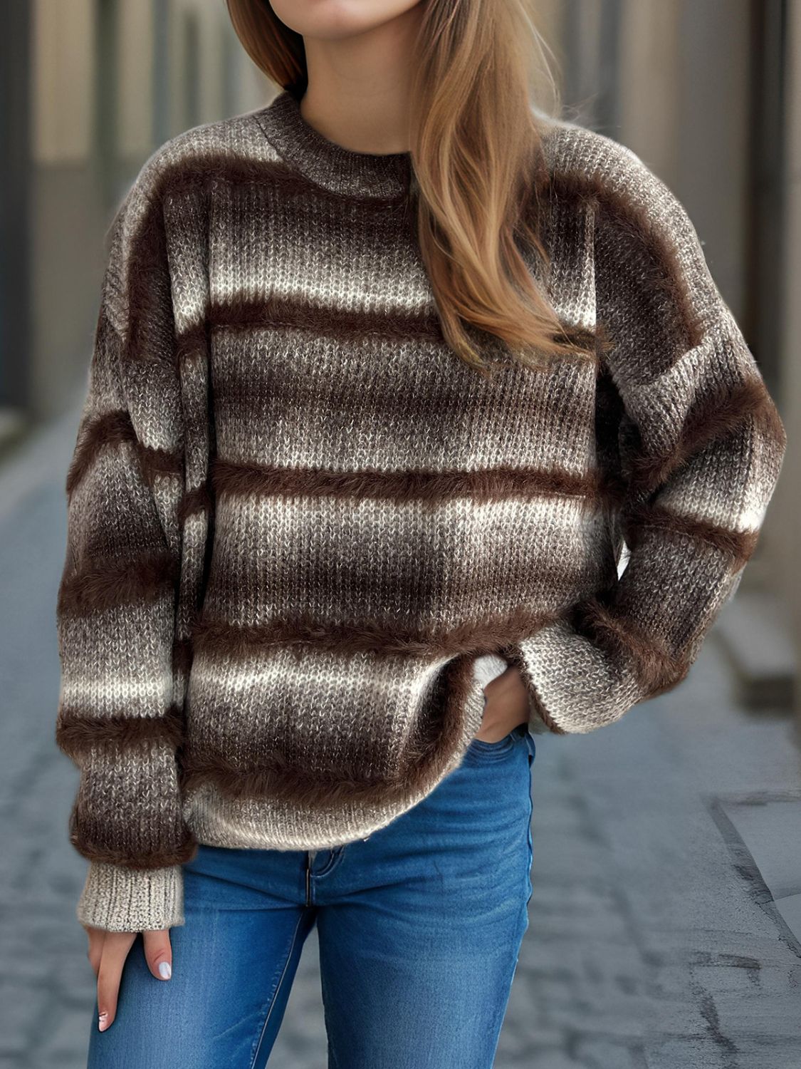 Out of Focus Gradient Round Neck Dropped Shoulder Sweater