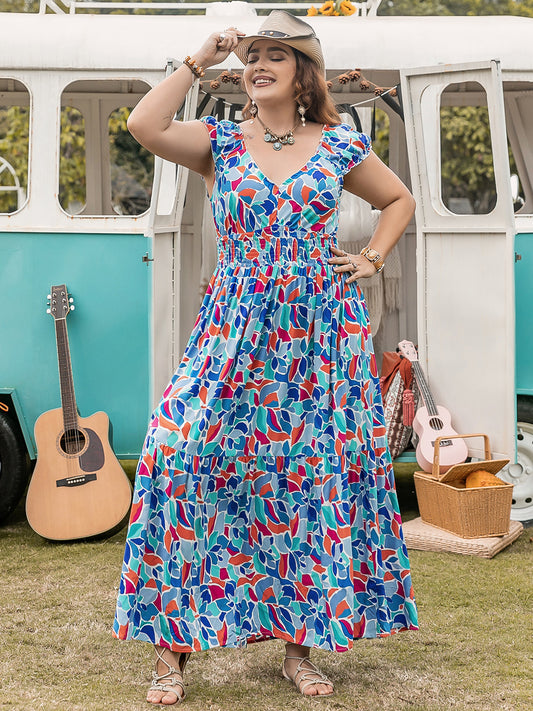 Plus Size Printed Cap Sleeve Dress