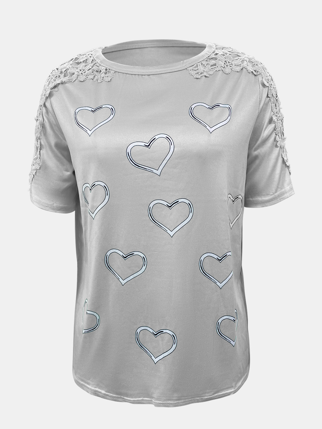 Lace Detail Heart Round Neck Short Sleeve Top