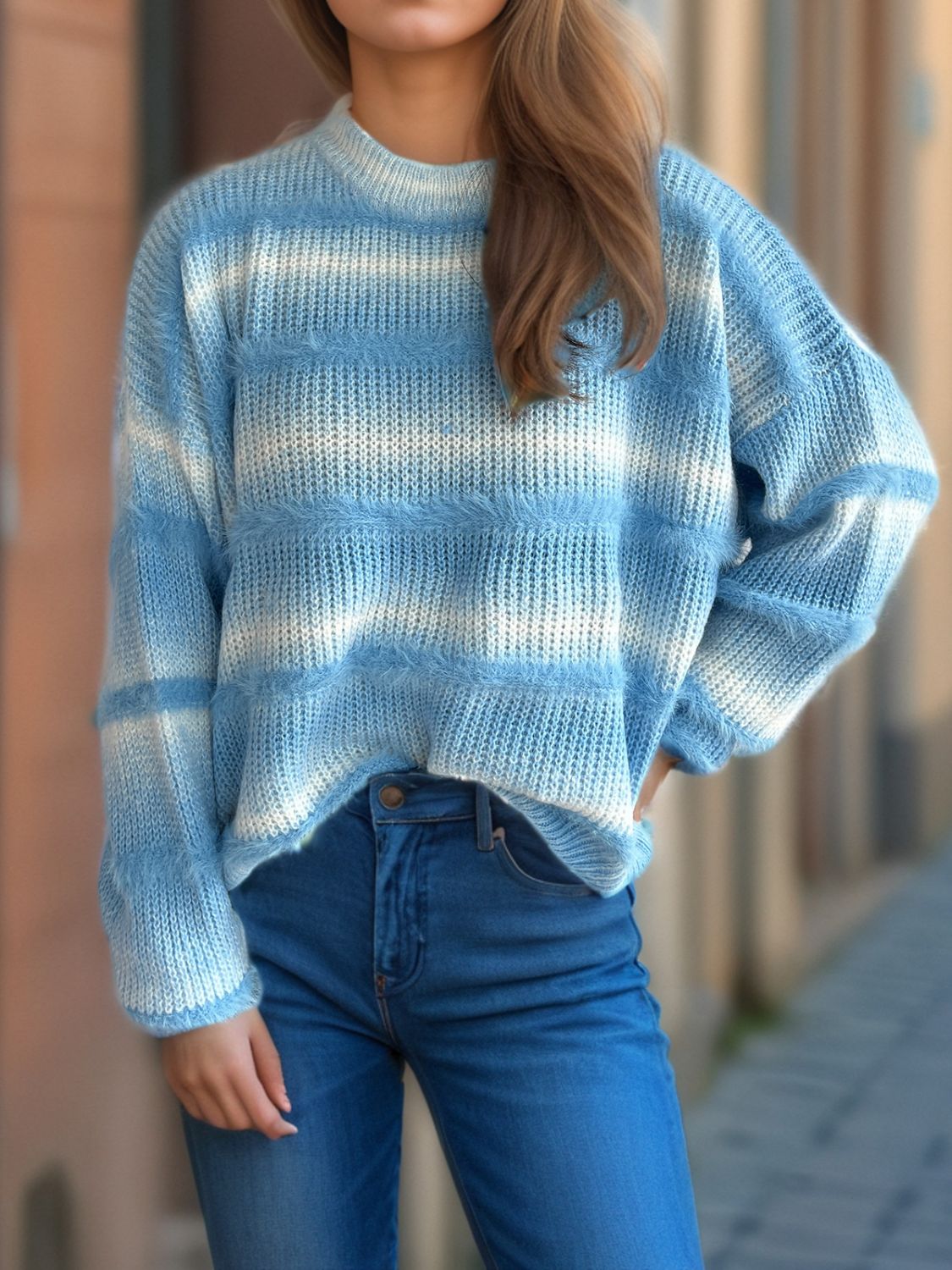 Out of Focus Gradient Round Neck Dropped Shoulder Sweater