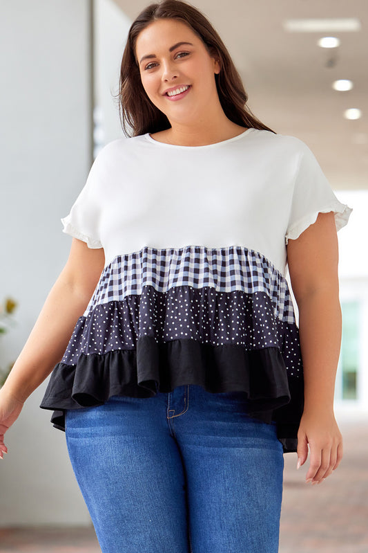 Plus Size Plaid Color Block Tiered Blouse