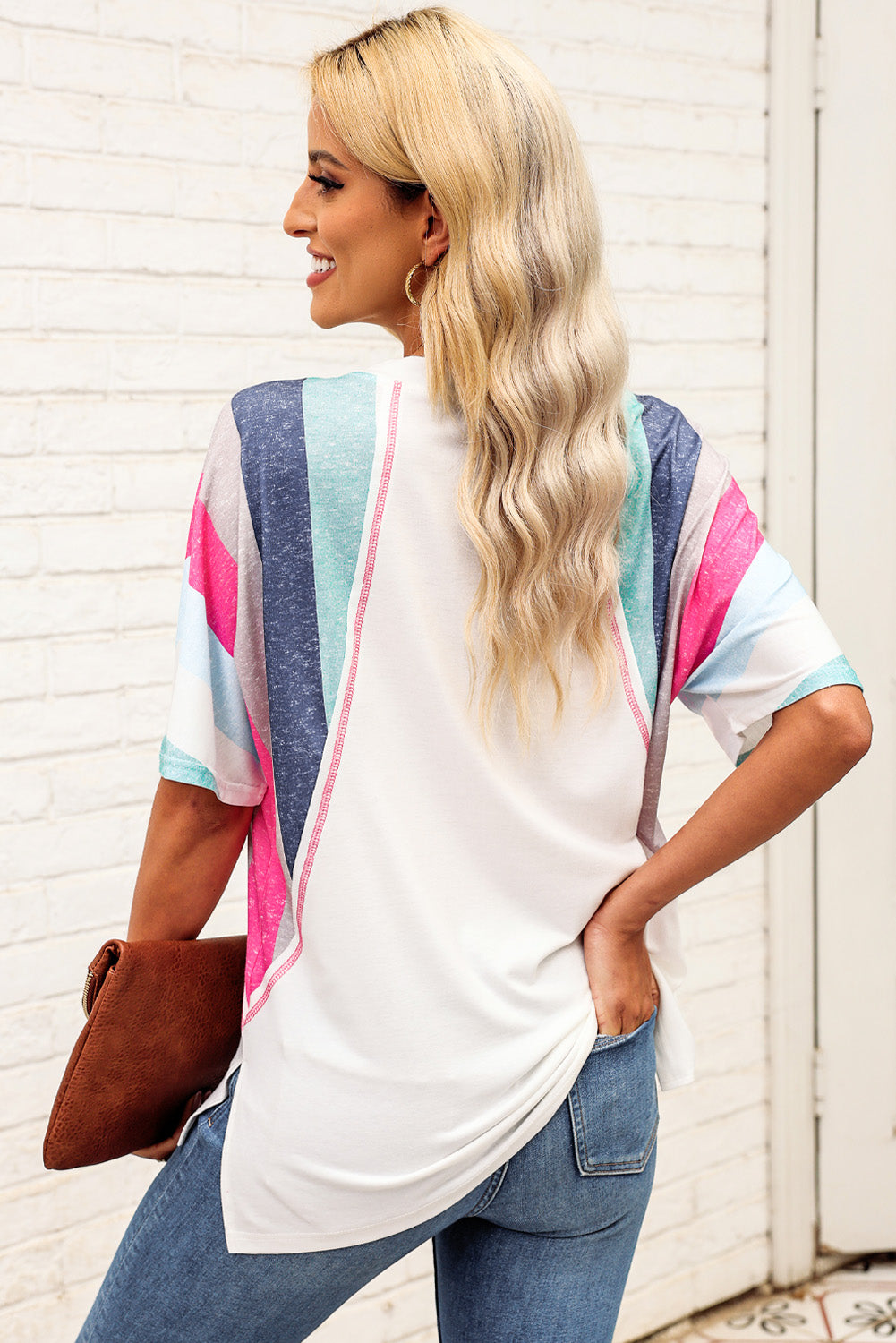 Rainbow Stripe Slit V-Neck Tee