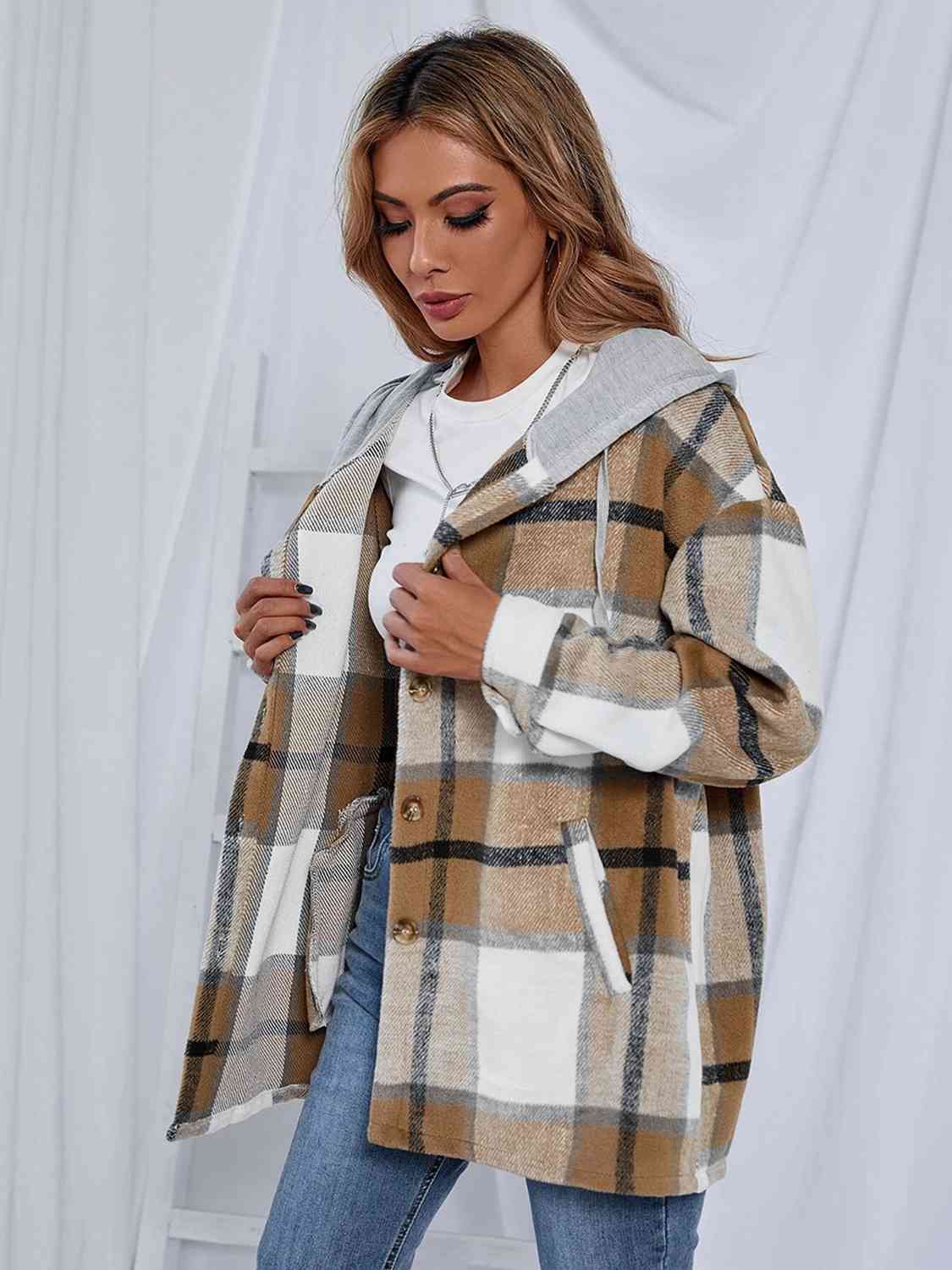 Plaid Hooded Shacket with Pockets