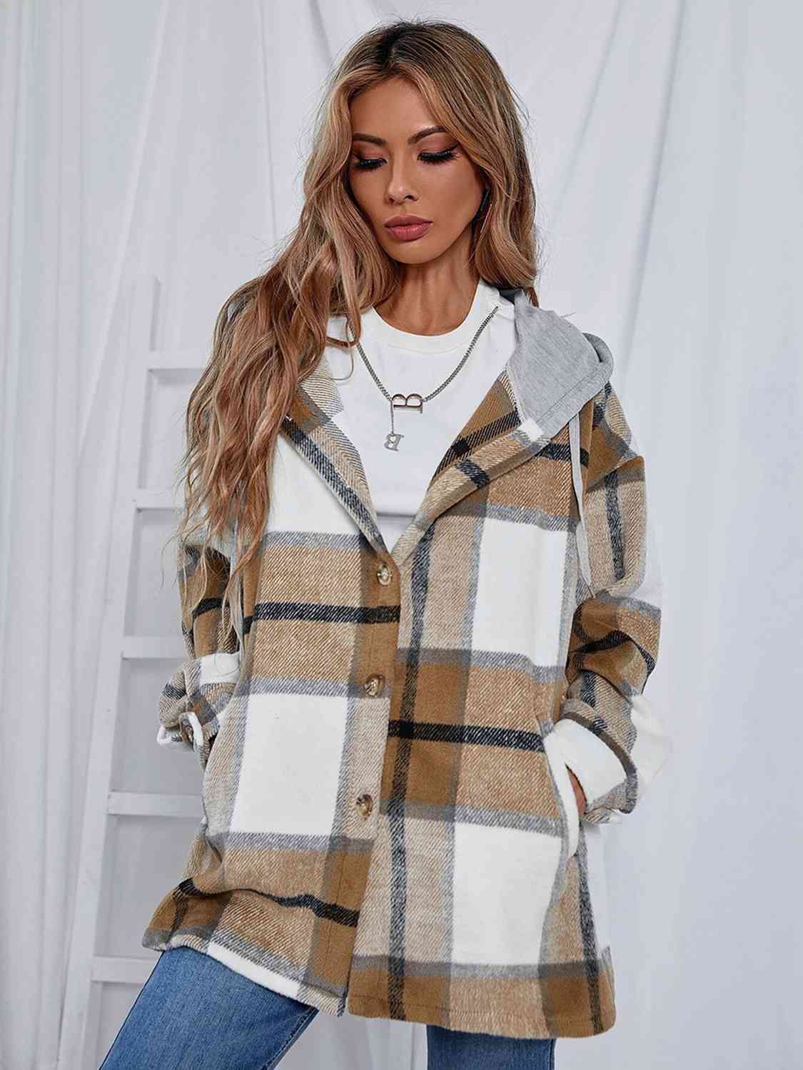 Plaid Hooded Shacket with Pockets