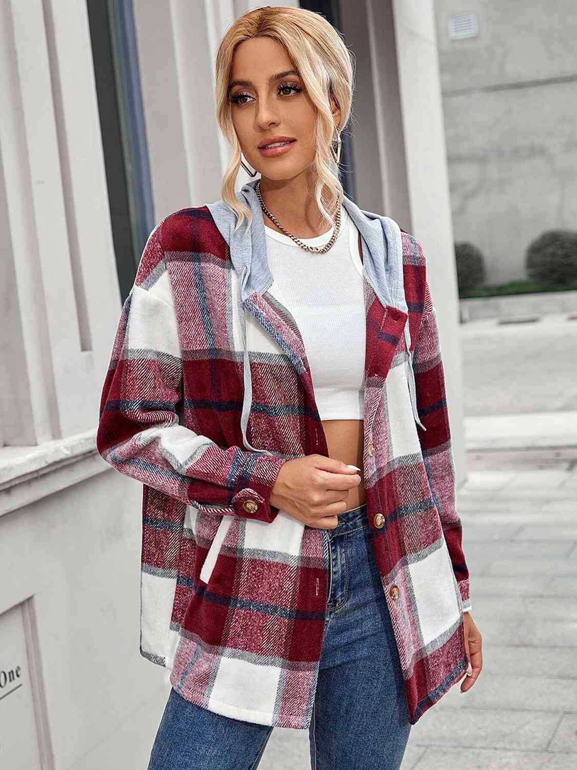 Plaid Hooded Shacket with Pockets