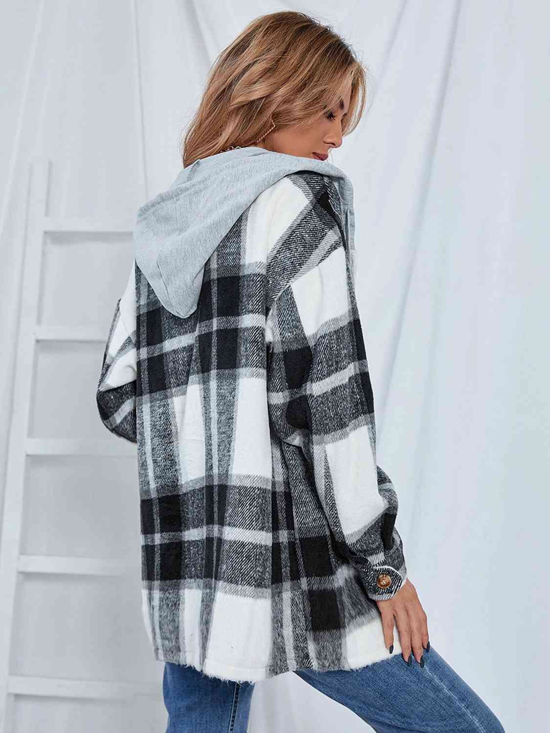 Plaid Hooded Shacket with Pockets