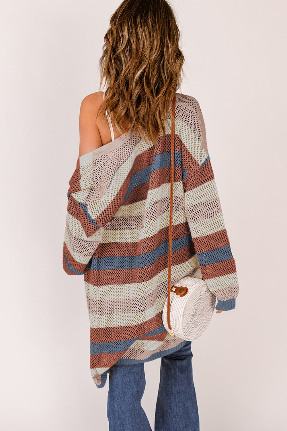 Striped Long Sleeve Openwork Cardigan