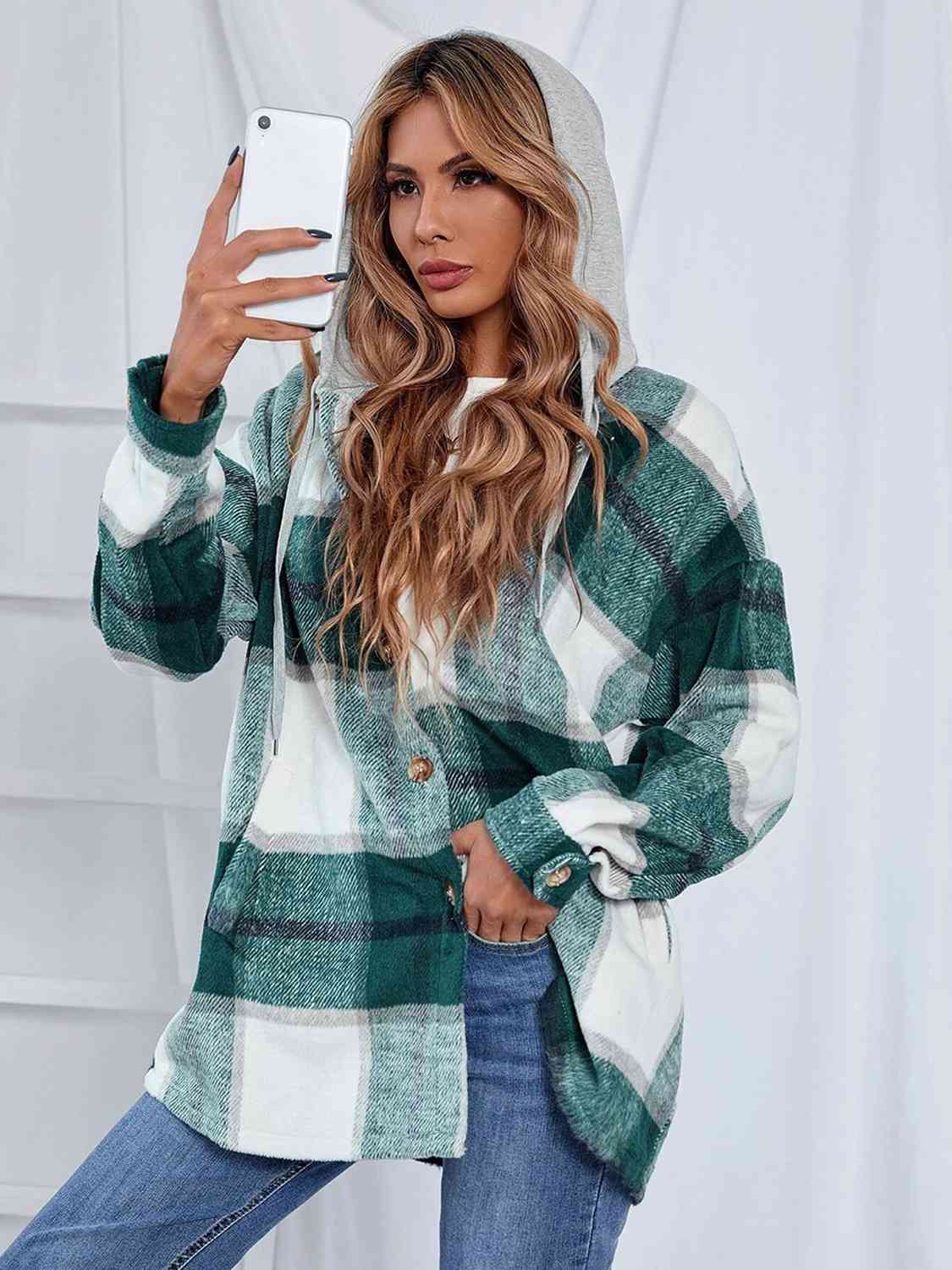 Plaid Hooded Shacket with Pockets