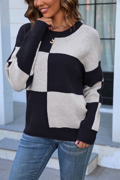 Color Block Round Neck Dropped Shoulder Sweater