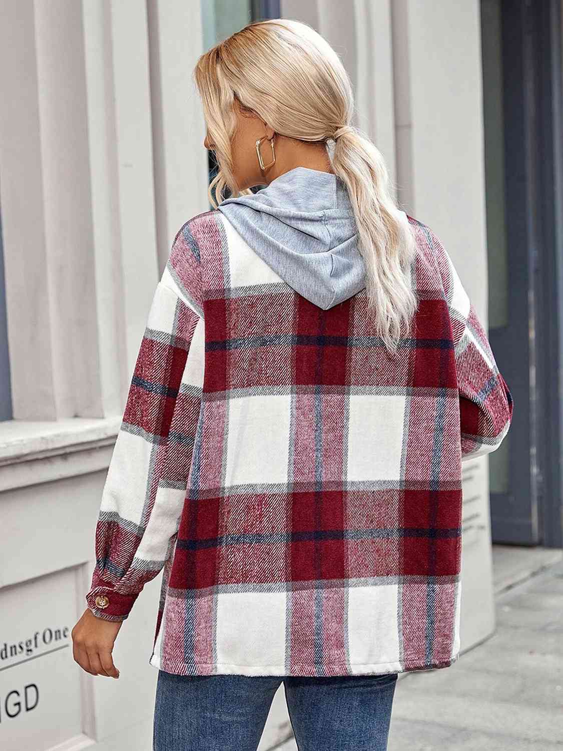 Plaid Hooded Shacket with Pockets