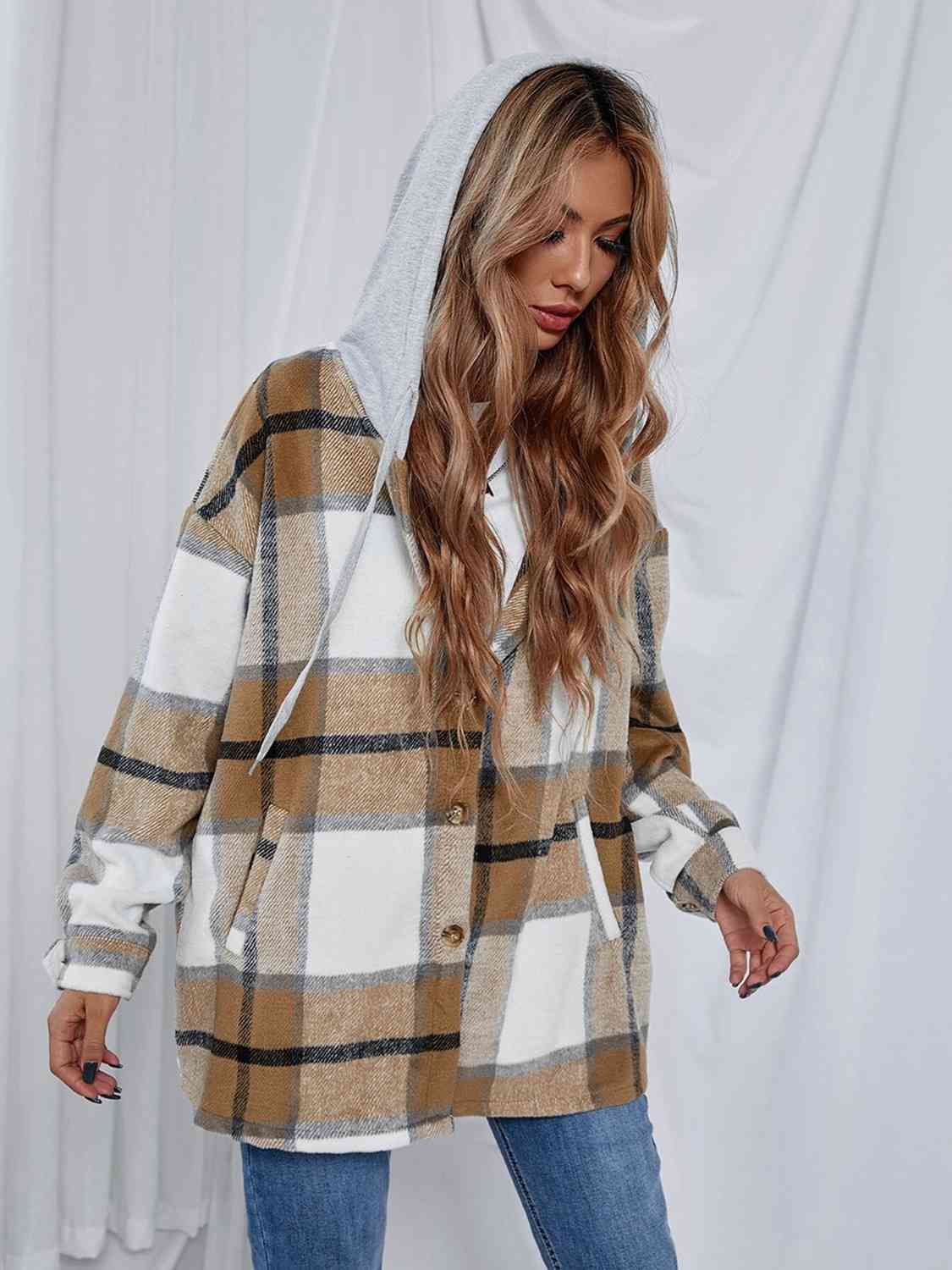 Plaid Hooded Shacket with Pockets