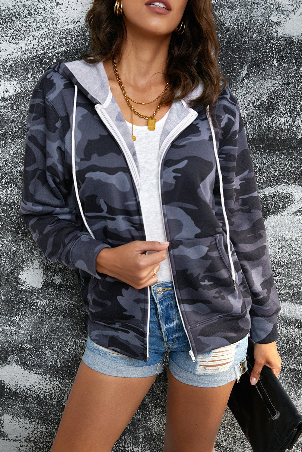 Camouflage Drawstring Detail Zip Up Hooded Jacket