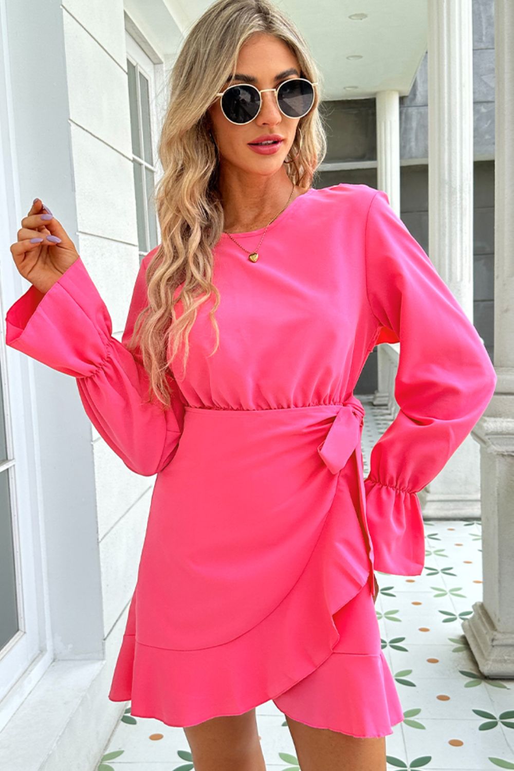 Round Neck Flounce Sleeve Ruffle Hem Mini Dress