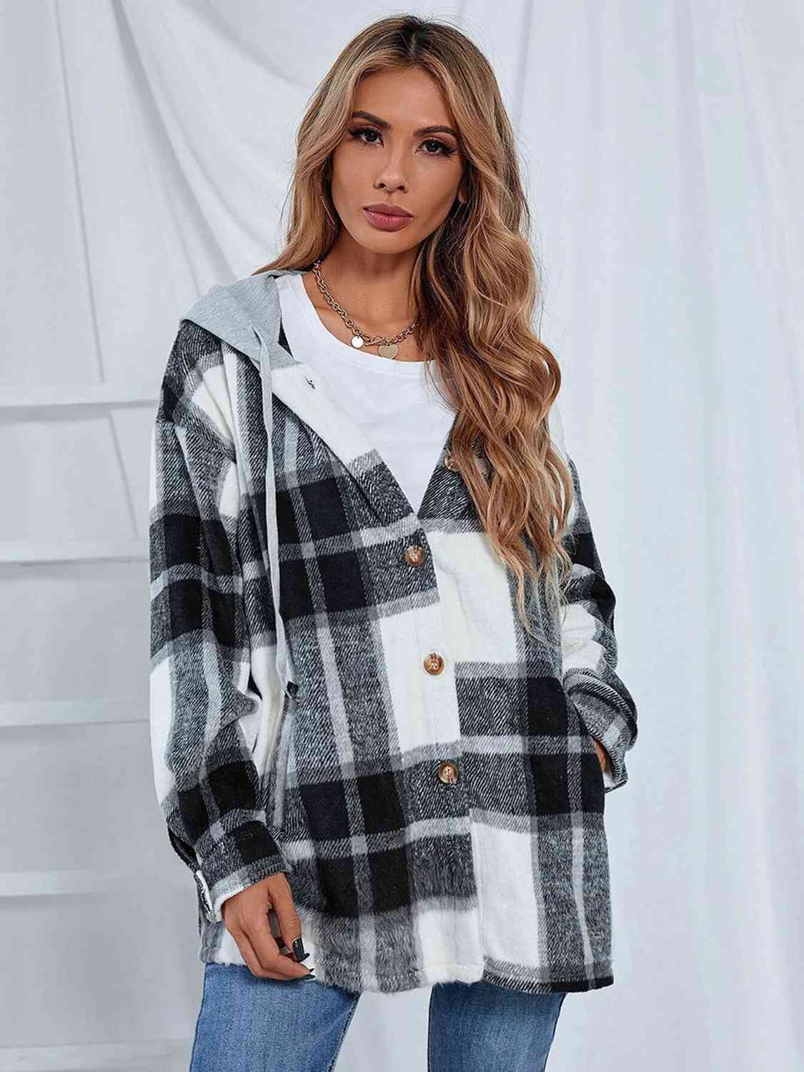 Plaid Hooded Shacket with Pockets