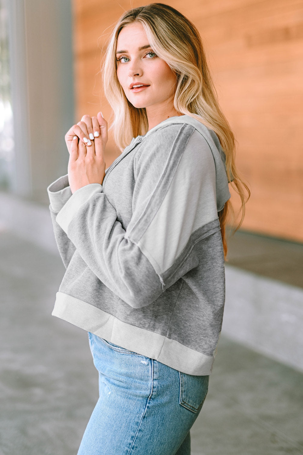 Quarter-Button Exposed Seam Dropped Shoulder Hoodie