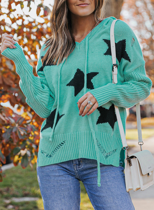 Star Distressed Slit Hooded Sweater