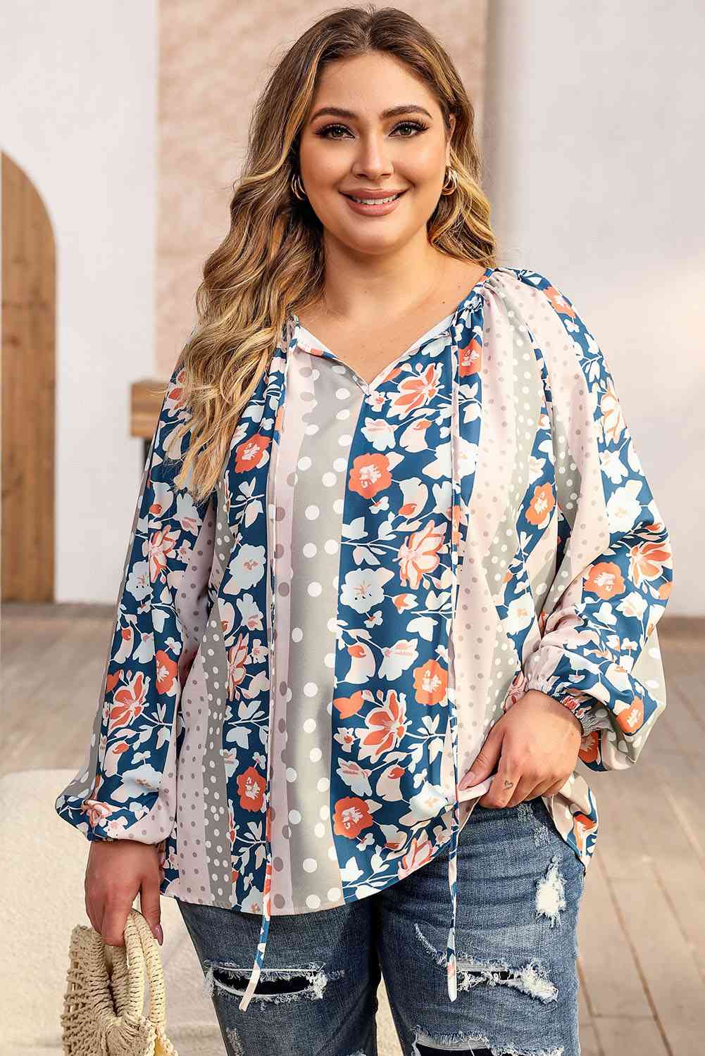 Plus Size Floral Tie Neck Blouse