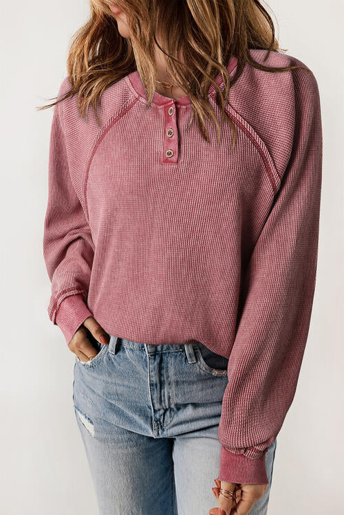 Half Button Round Neck Long Sleeve Sweatshirt