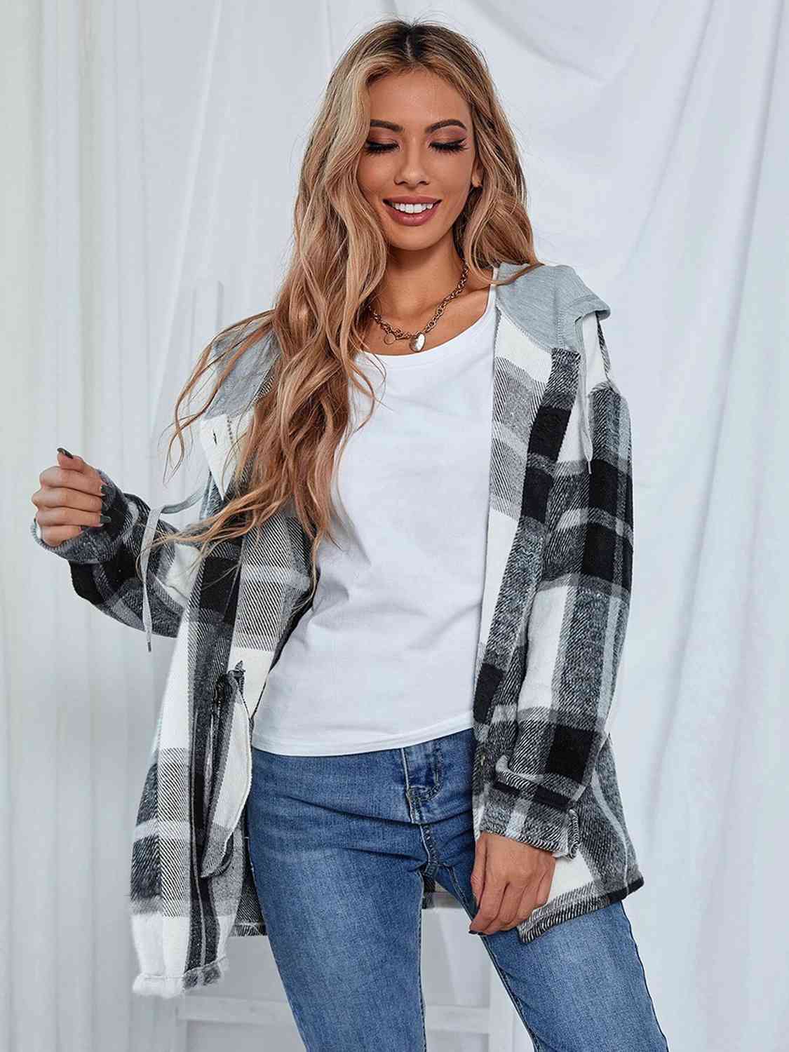 Plaid Hooded Shacket with Pockets