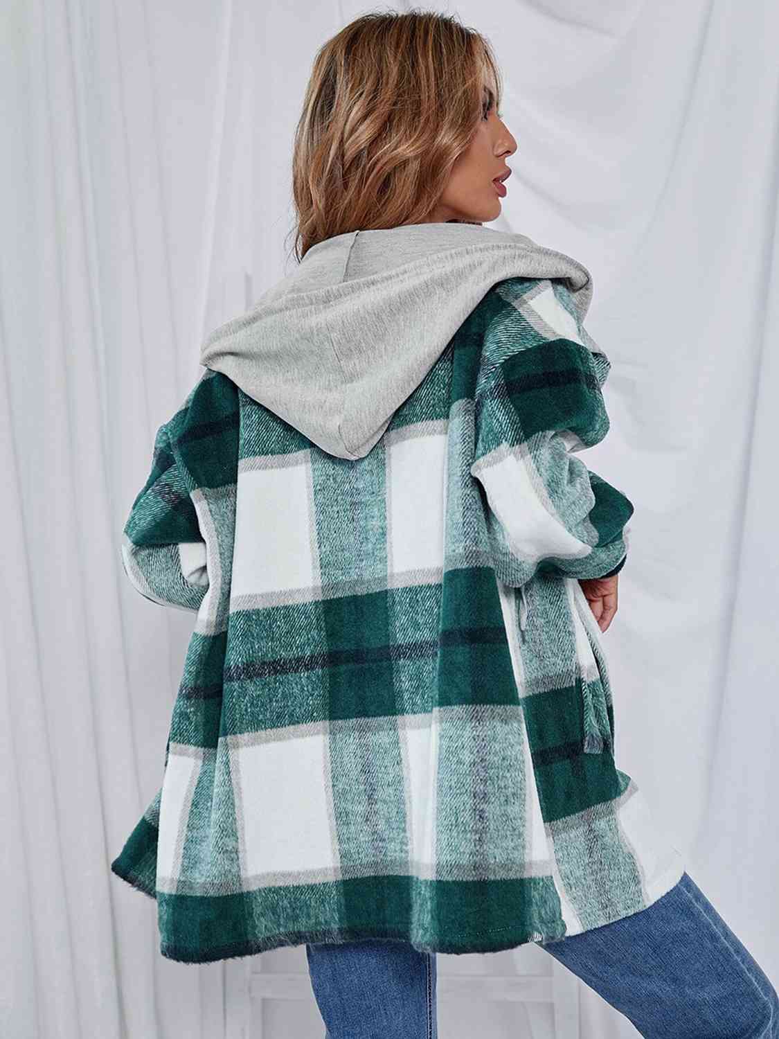 Plaid Hooded Shacket with Pockets