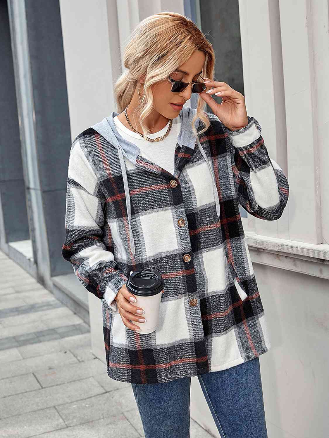 Plaid Hooded Shacket with Pockets