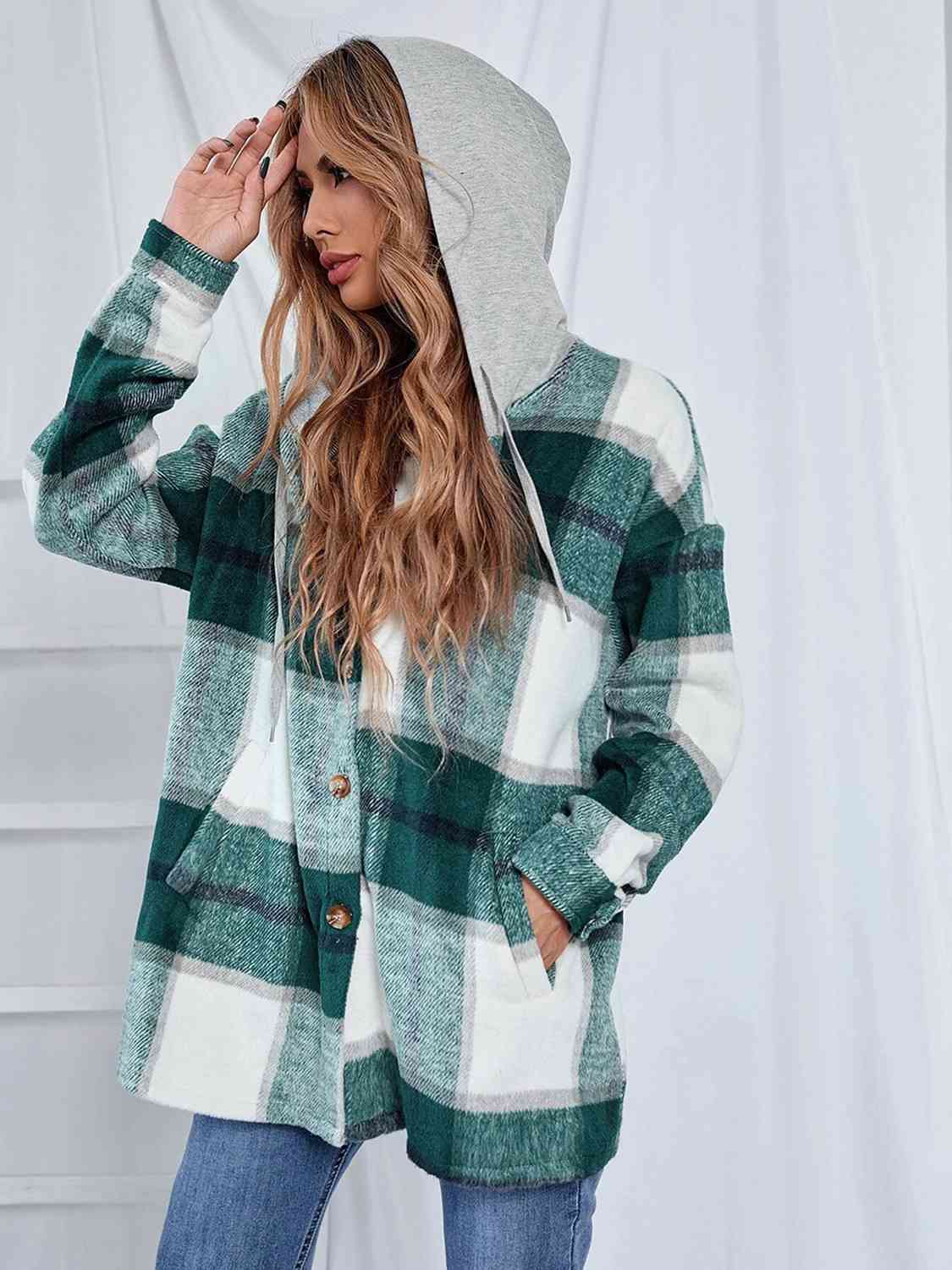 Plaid Hooded Shacket with Pockets