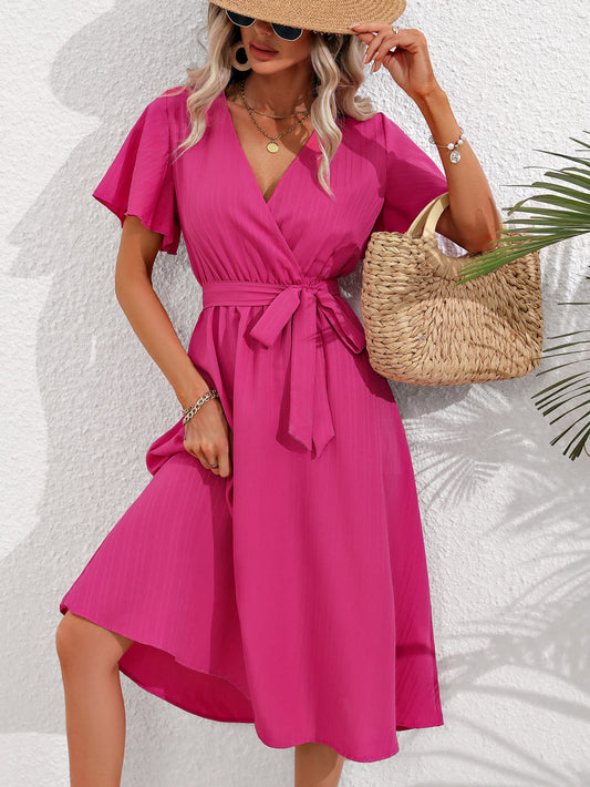 Surplice Neck Tie Belt Midi Dress